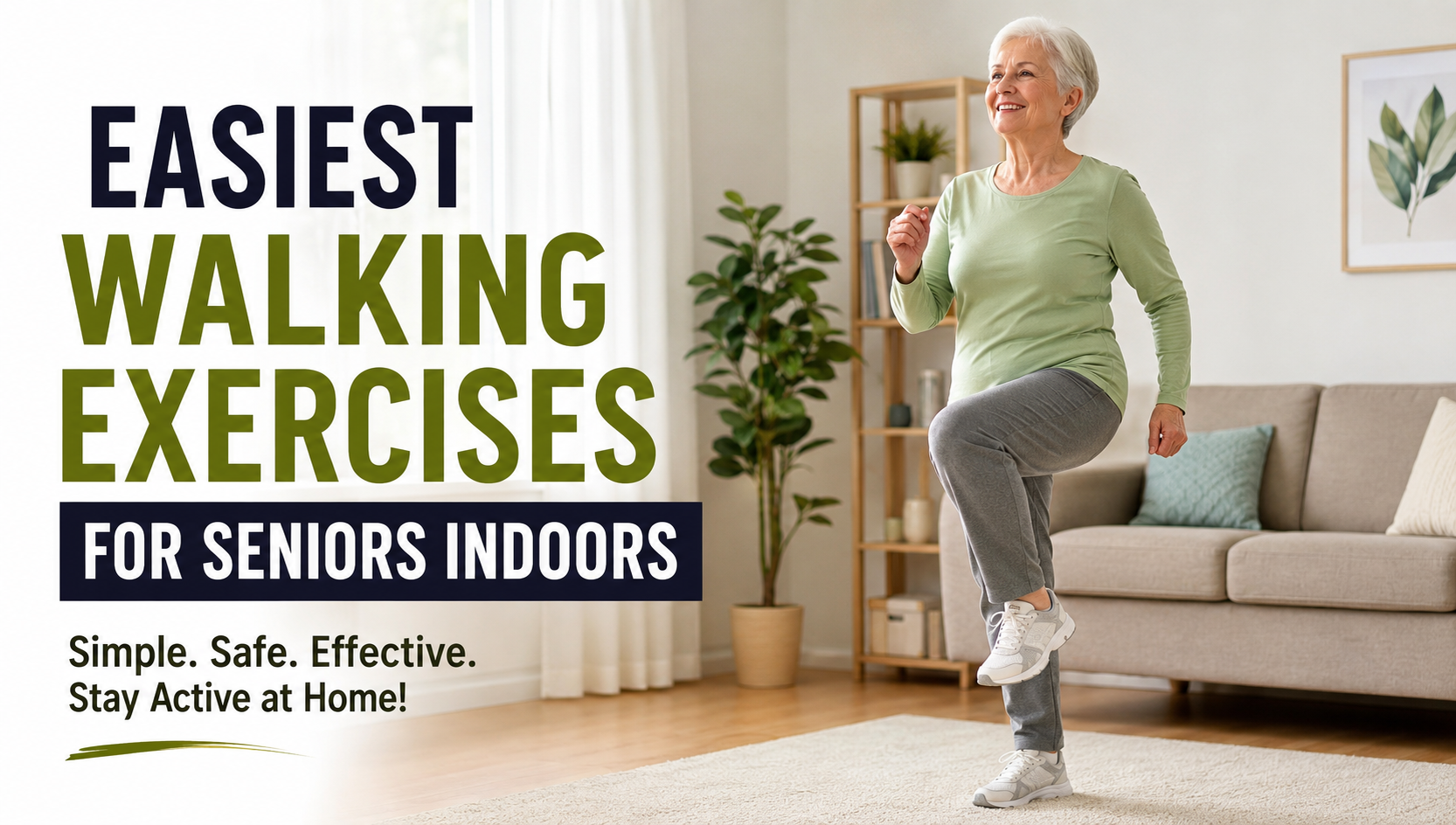 Senior woman doing easiest walking exercises for seniors indoors at home