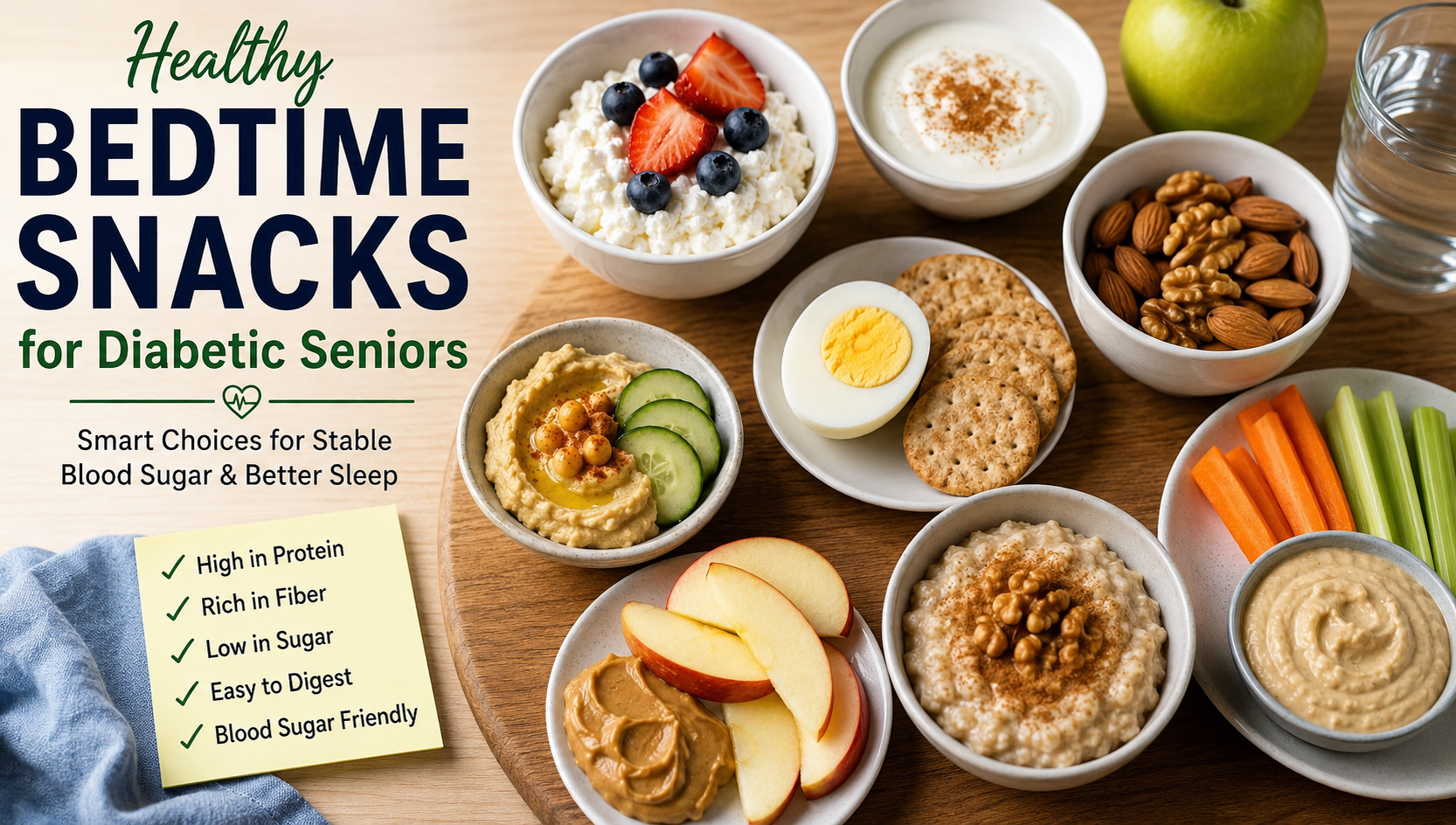 Healthy bedtime snacks for diabetic seniors including yogurt nuts fruit and whole grain crackers