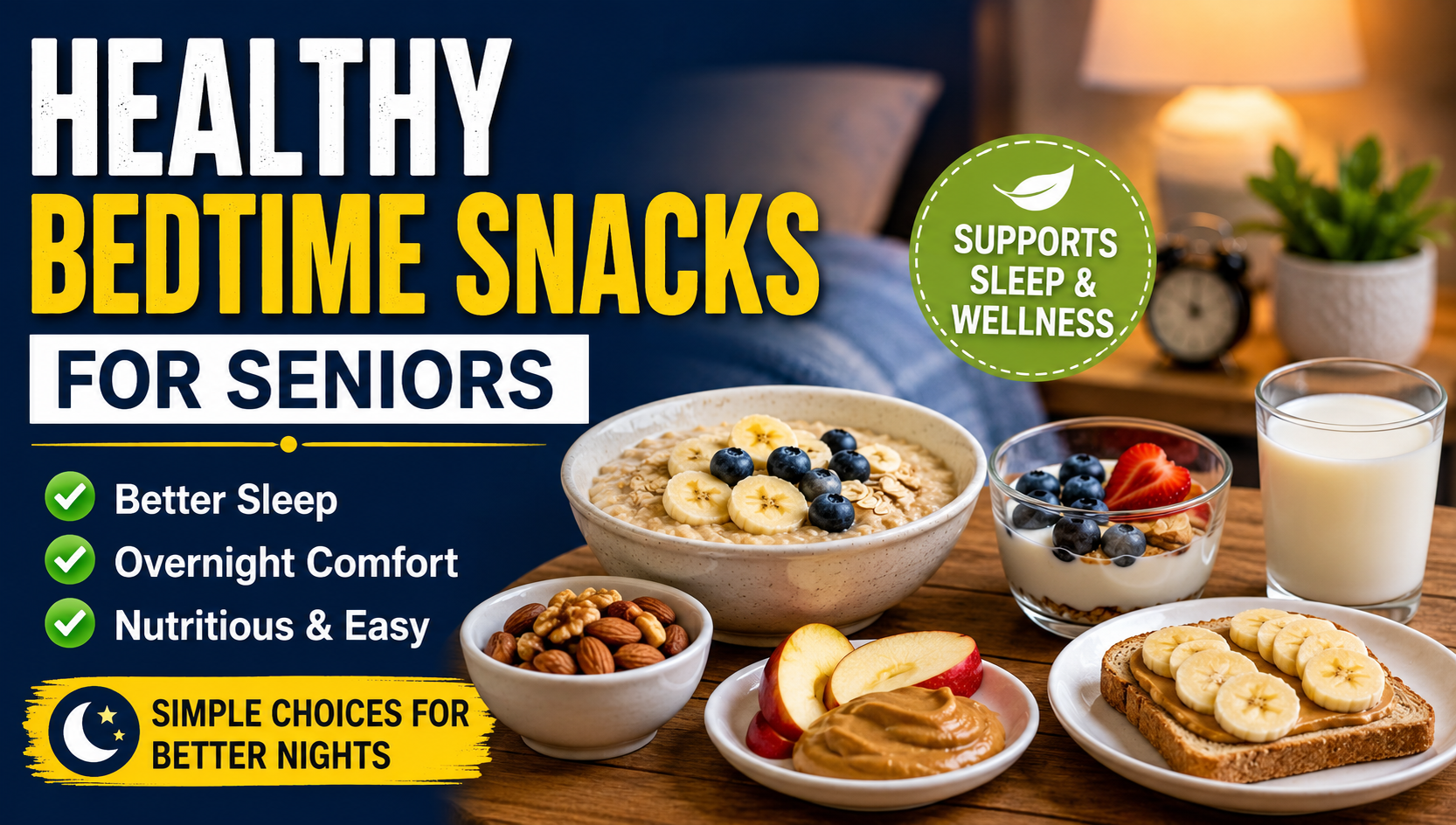 Healthy bedtime snacks for seniors including yogurt, bananas, oatmeal, nuts, and whole-grain crackers on a kitchen table