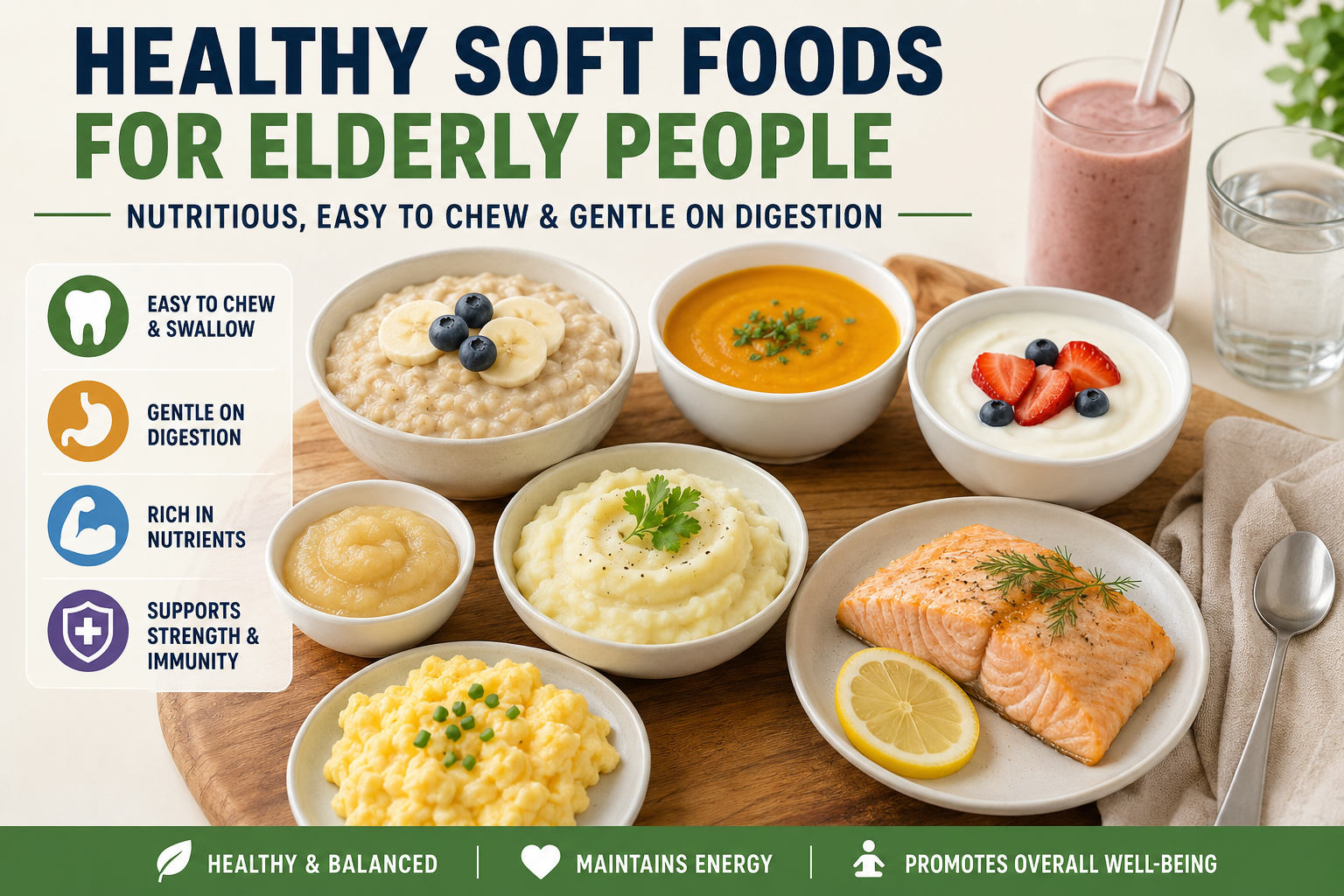 Healthy soft foods for elderly people including oatmeal, yogurt, soup, mashed potatoes, and soft fruit