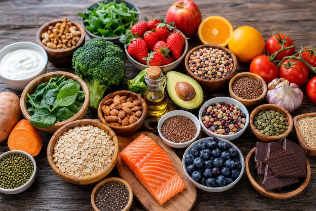 30 super foods for a healthier you arranged on a healthy table