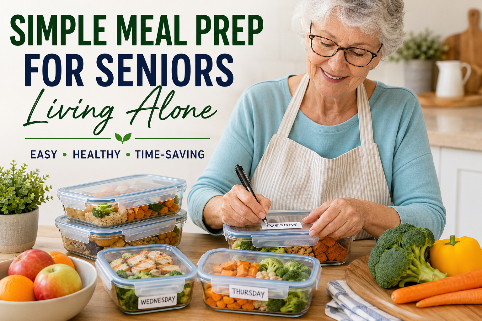 Simple meal prep for seniors living alone with healthy prepared meals in containers