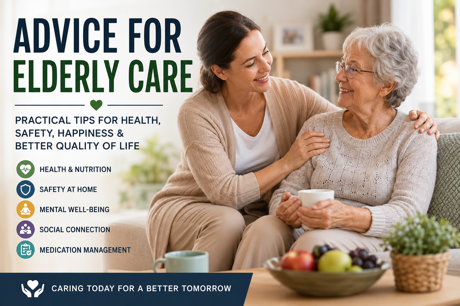 Advice for elderly care with a family caregiver helping an active senior at home