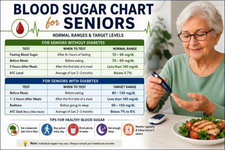 Blood Sugar Chart for Seniors showing normal glucose ranges by age