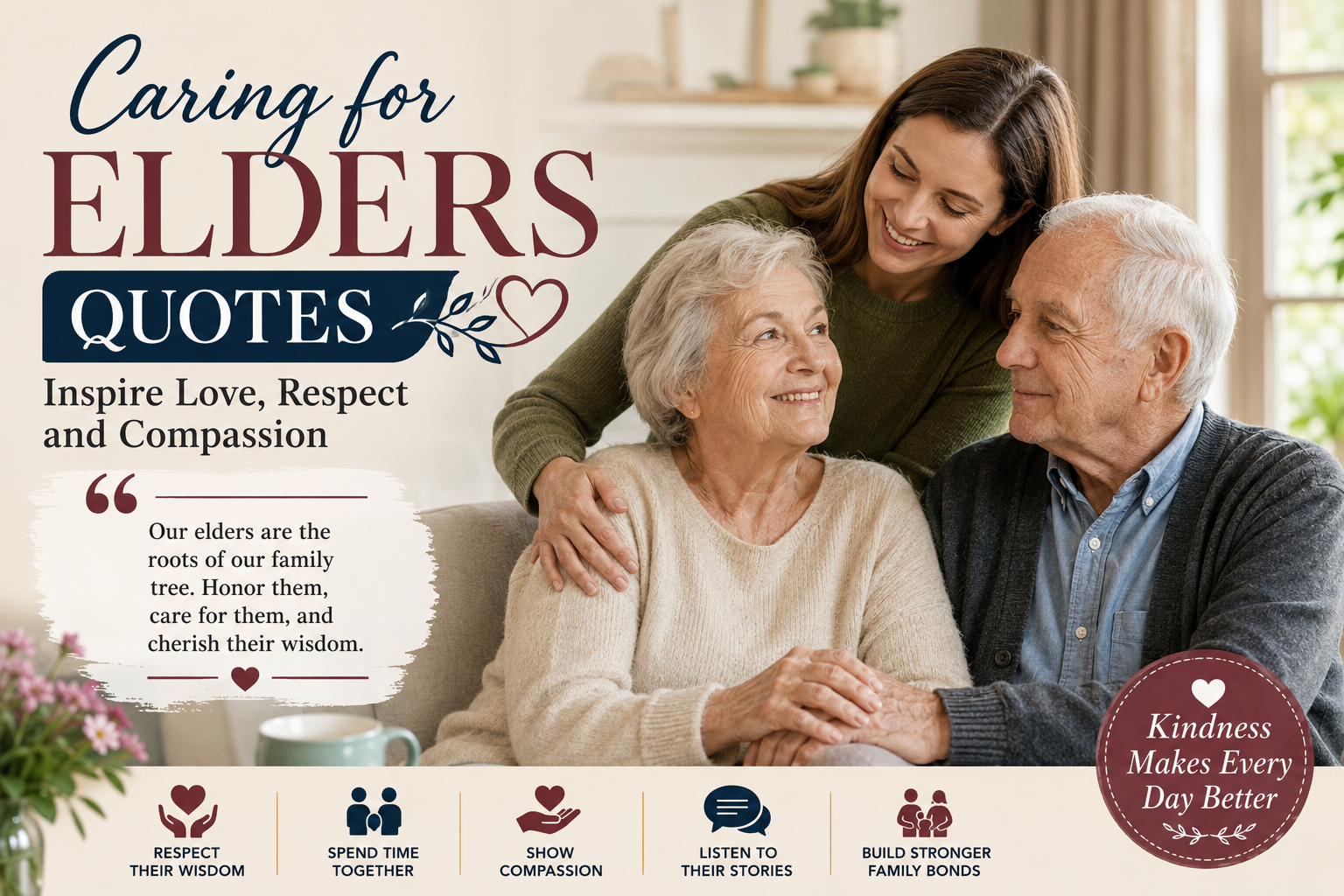 Caring for elders quotes showing a loving family supporting an elderly parent with kindness and respect