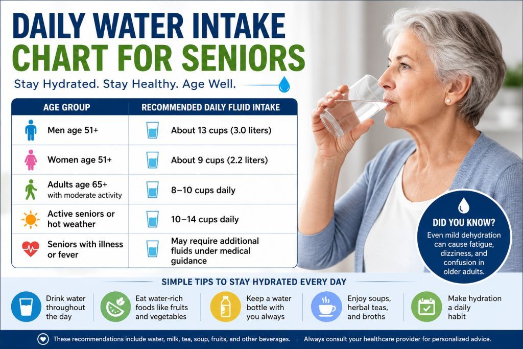 Daily Water Intake Chart for Seniors showing recommended daily hydration amounts for older adults