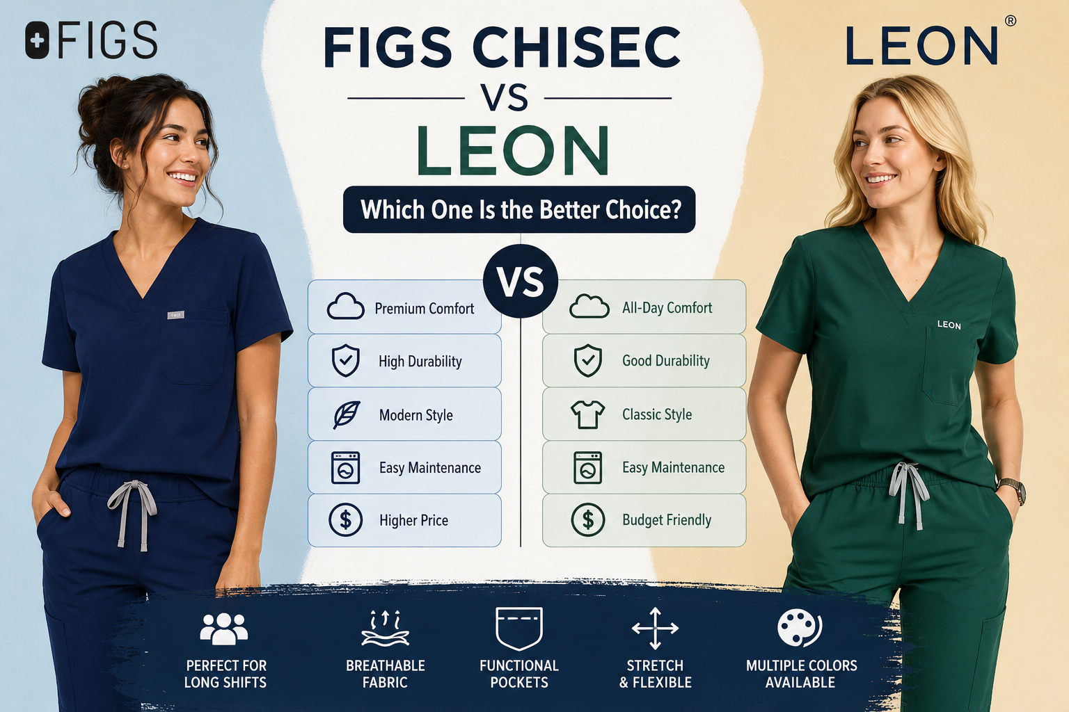 Figs Chisec vs Leon comparison showing comfort, durability, quality, and value for buyers