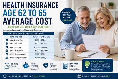 Health insurance age 62 to 65 average cost comparison chart for early retirees in the USA
