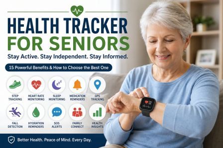 Health tracker for seniors monitoring heart rate and daily activity