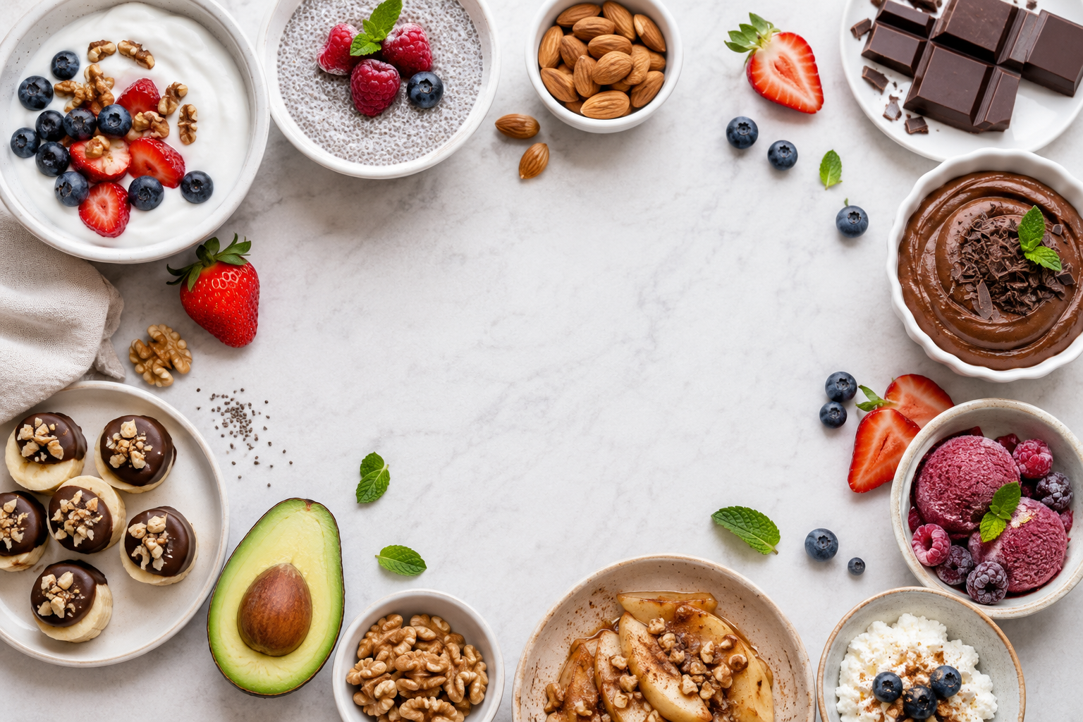 Healthy desserts for elderly diabetics including berries, Greek yogurt, chia pudding, and dark chocolate