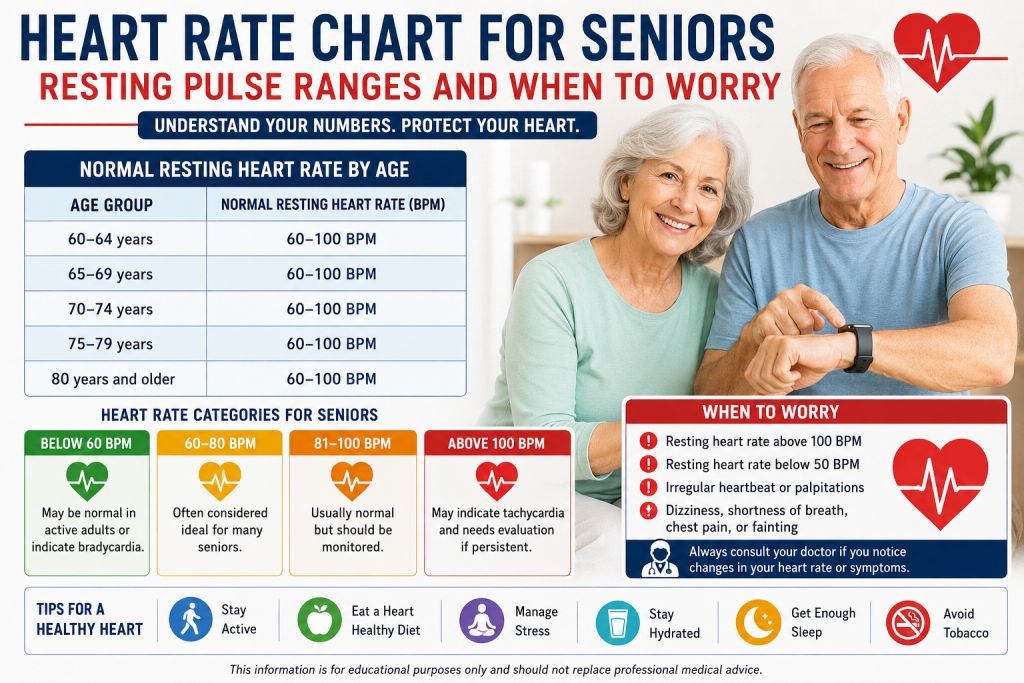 Heart Rate Chart for Seniors showing normal resting pulse ranges by age