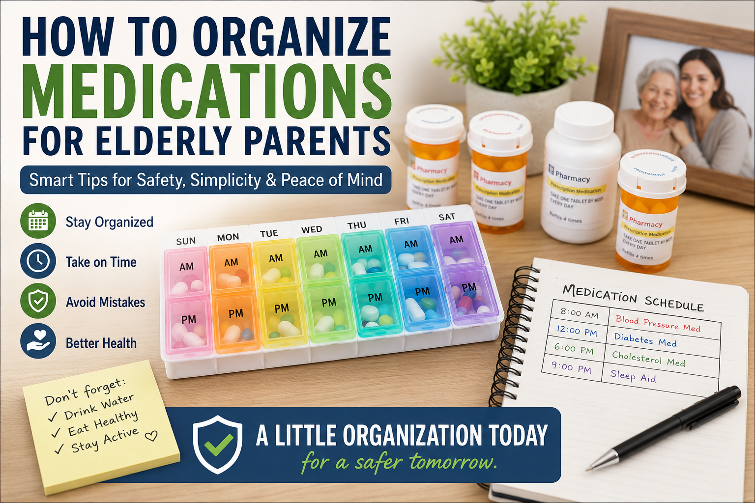 How to organize medications for elderly parents using a weekly pill organizer and medication schedule
