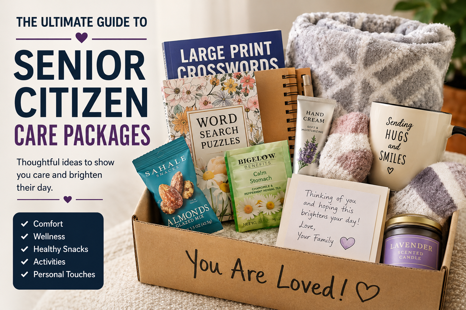 Senior citizen care packages filled with comfort items, healthy snacks, and thoughtful gifts for older adults