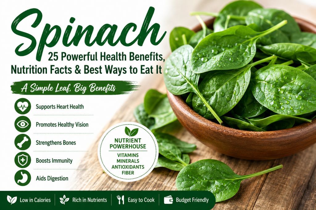 Spinach health benefits with fresh leafy green spinach in a wooden bowl