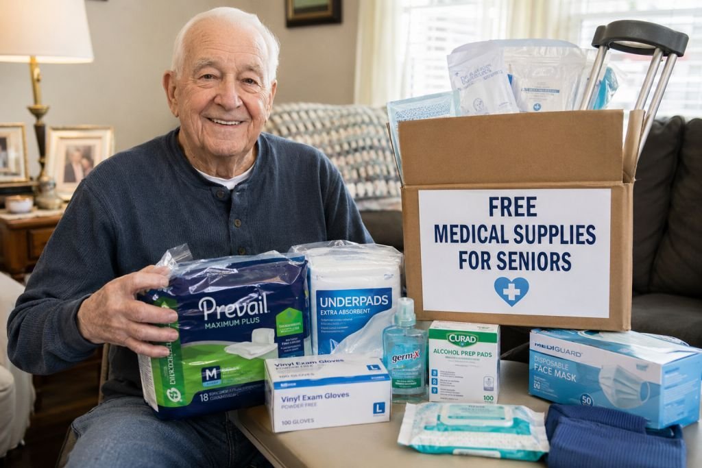 Free Medical Supplies for Elderly: Senior receiving free medical equipment and healthcare supplies in the USA