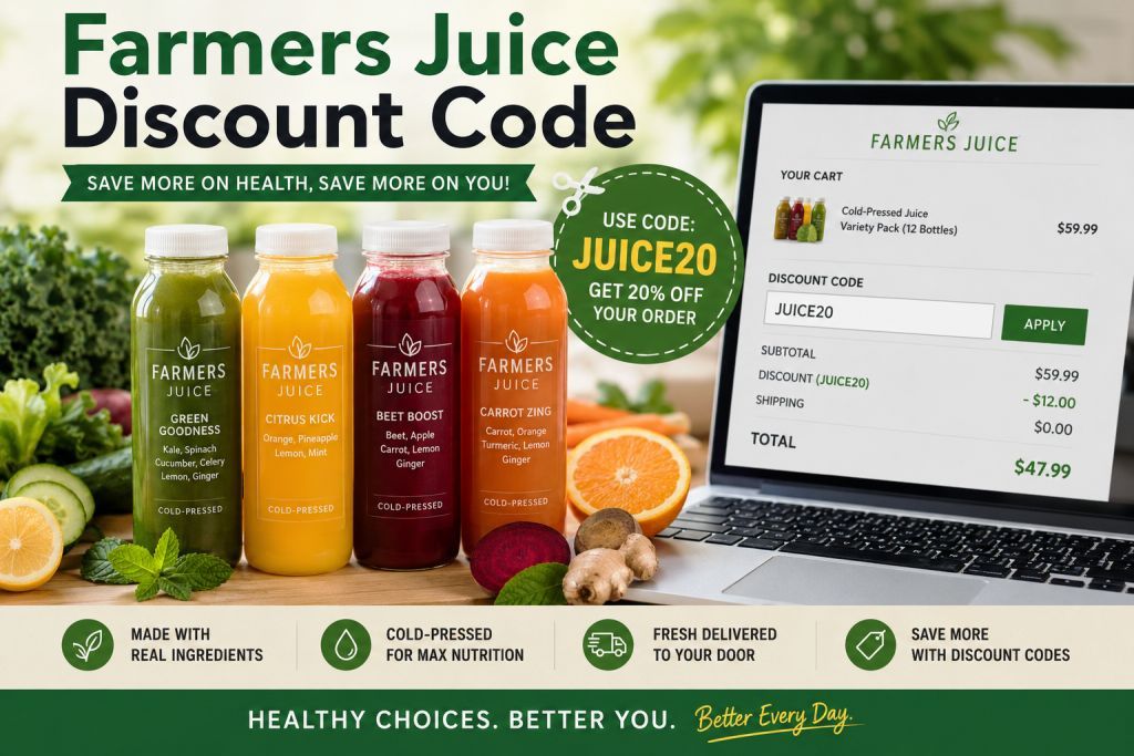 Farmers Juice discount code guide showing healthy juice bottles and online savings tips