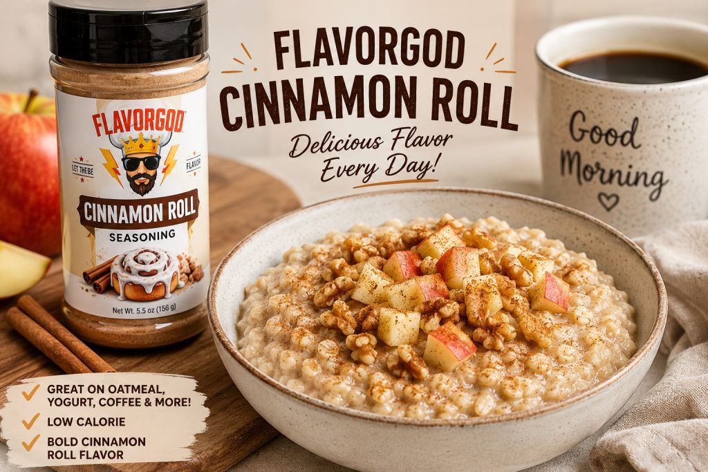 Flavorgod Cinnamon Roll seasoning sprinkled over healthy oatmeal with apples and walnuts