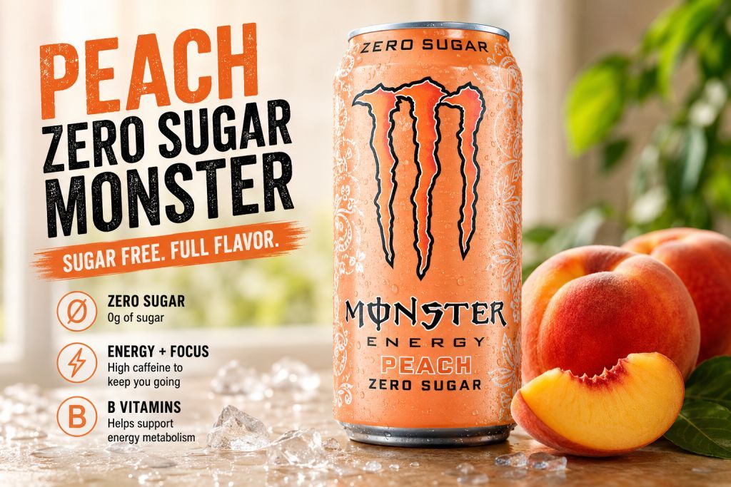 Peach Zero Sugar Monster sugar-free energy drink can with peach flavor