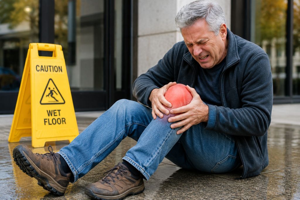 Slip and fall knee injury showing swelling, pain location, and recovery tips
