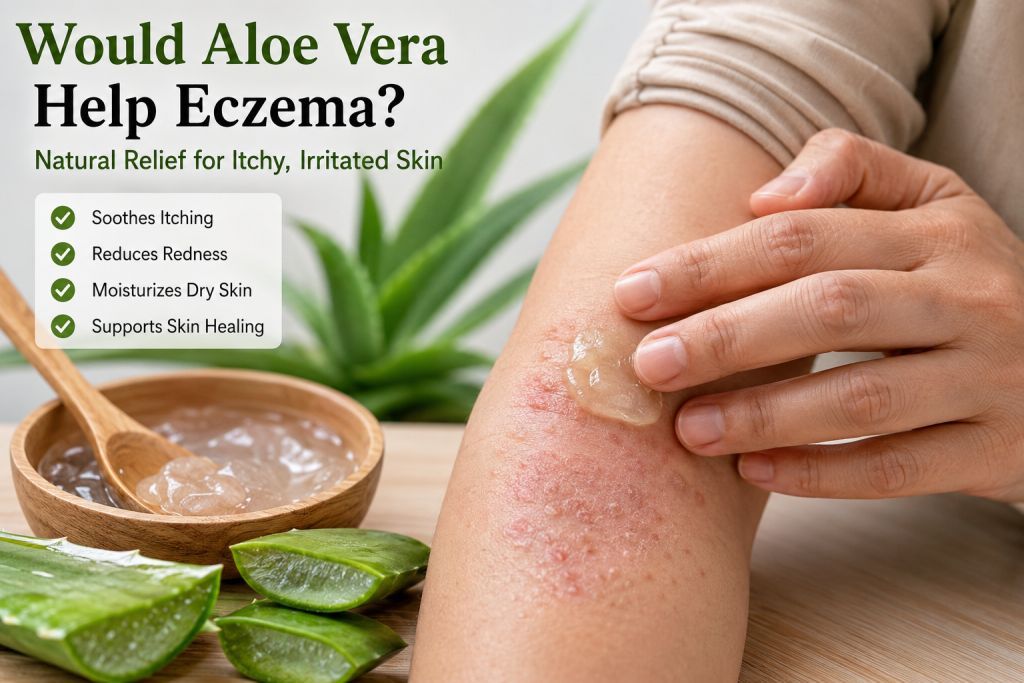 Would aloe vera help eczema? Fresh aloe vera gel applied to dry, irritated skin for natural eczema care.