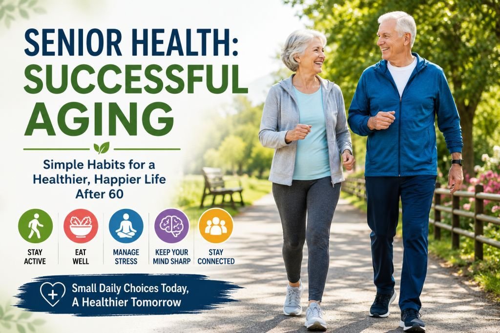Senior Health: Successful Aging guide showing active older adults walking outdoors and enjoying a healthy lifestyle