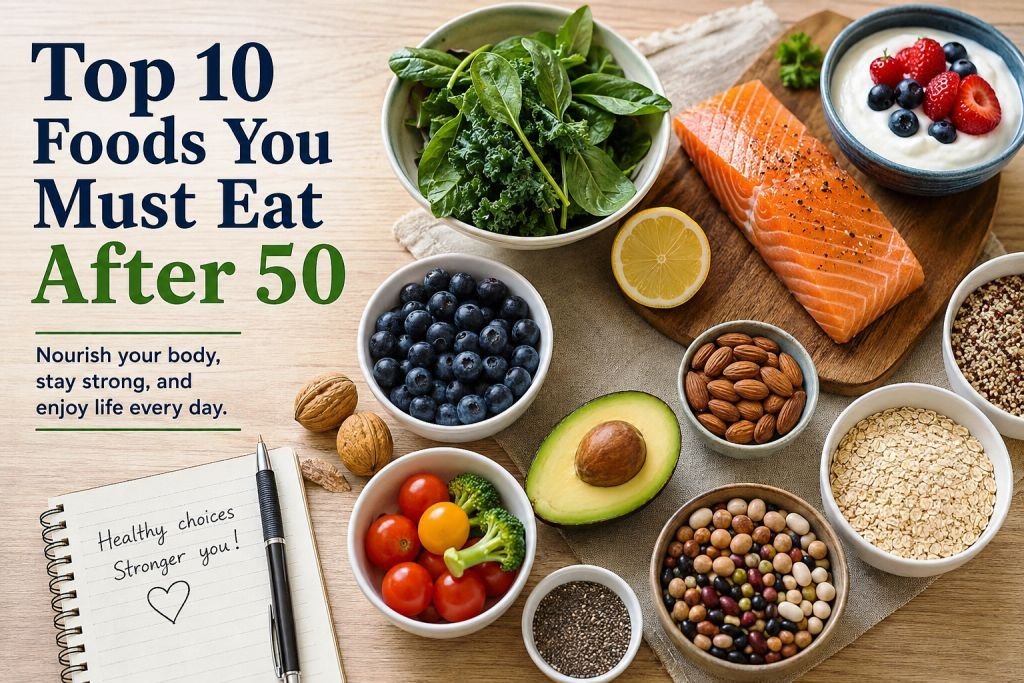 Top 10 Foods You Must Eat After 50 including salmon, berries, leafy greens, eggs, beans, oats, yogurt, nuts, avocado, and colorful vegetables