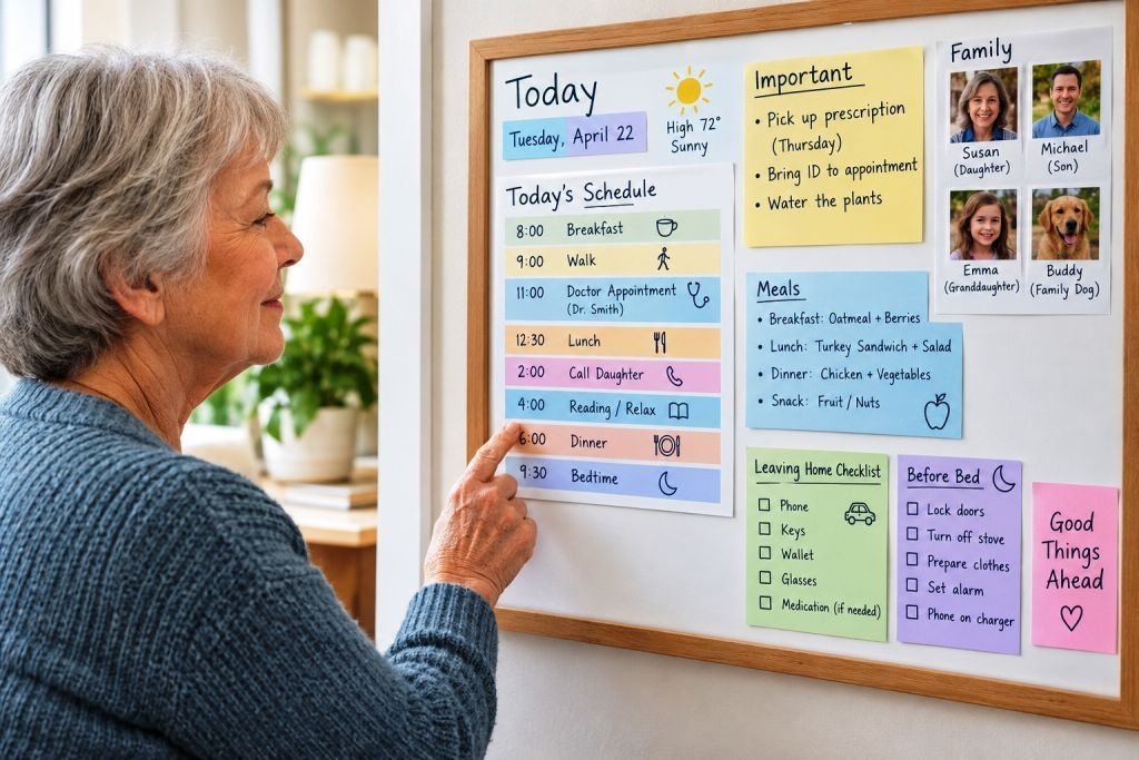 Senior daily routine and memory board with calendar and daily reminders