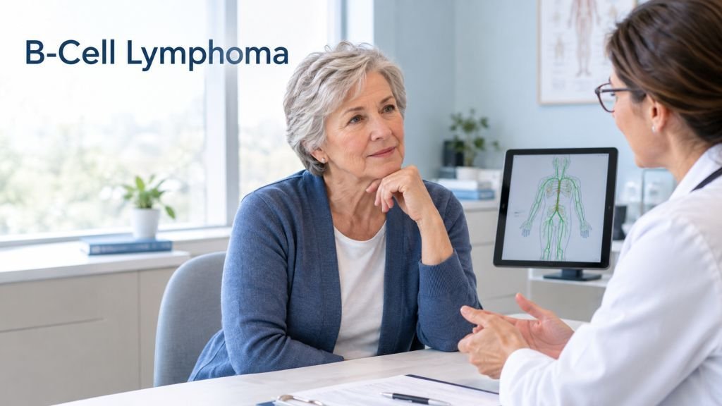 Older adult discussing B-cell lymphoma with an oncologist