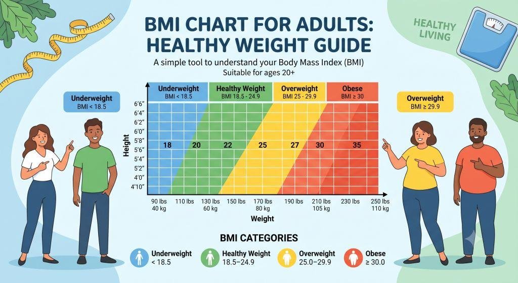 BMI chart for adults showing healthy weight, overweight, and obesity ranges