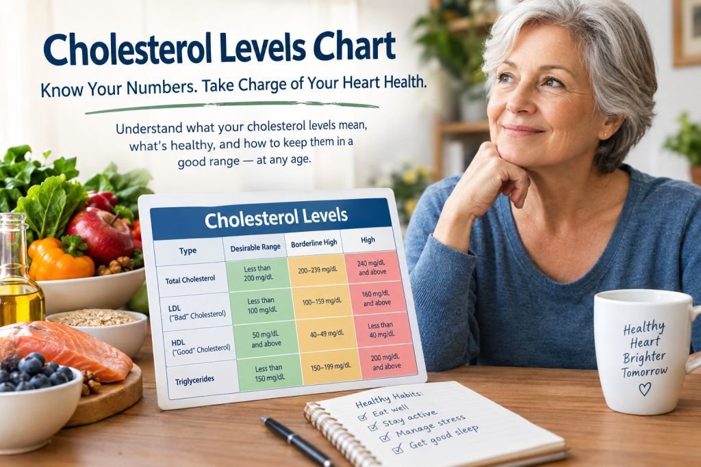 Cholesterol levels chart showing healthy LDL HDL total cholesterol and triglyceride ranges for adults