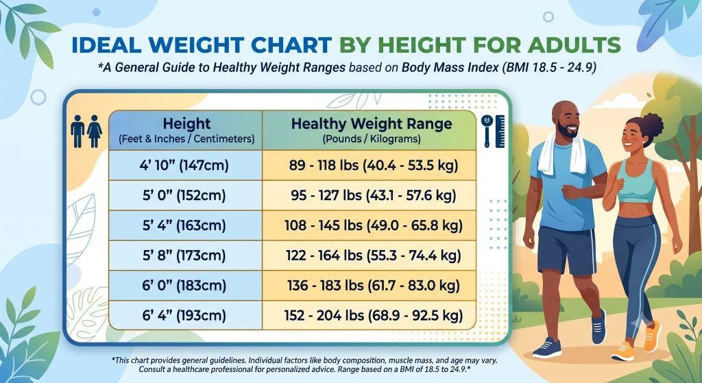 Ideal weight chart by height showing healthy weight ranges for adults