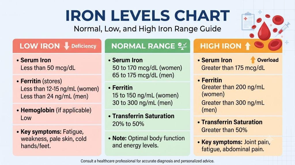 Iron levels chart showing normal serum iron ferritin TIBC and transferrin saturation ranges