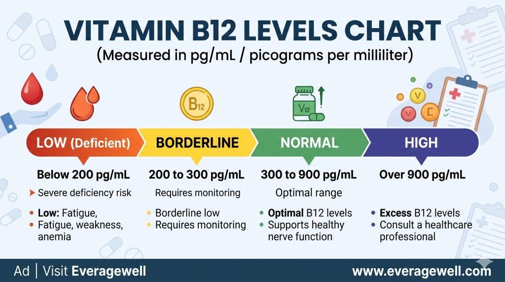 Vitamin B12 levels chart showing normal low borderline and high B12 ranges