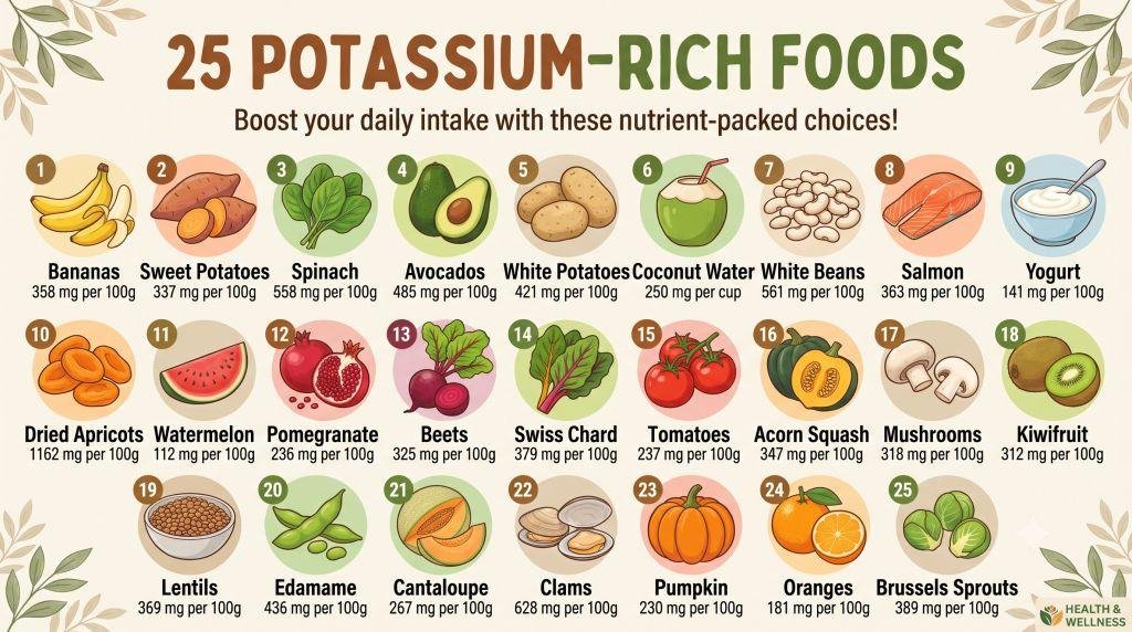 Potassium rich foods chart showing high potassium foods such as potatoes, lentils, beans, bananas and spinach